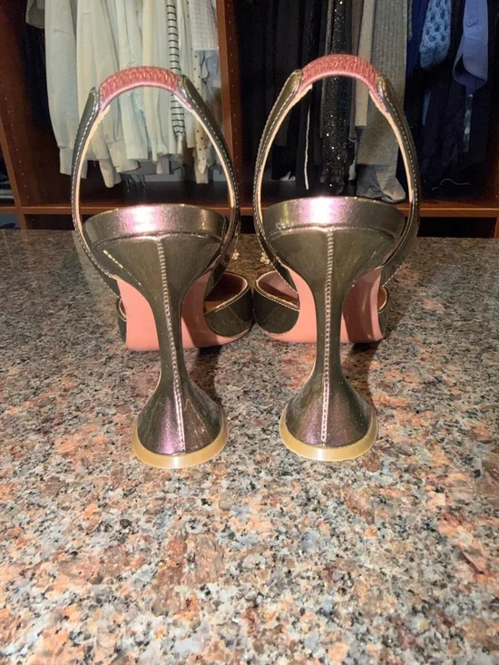 Amina Muaddi Iridescent Pink-Green Slingback Pumps with Crystal Bow - Picture 5 of 8